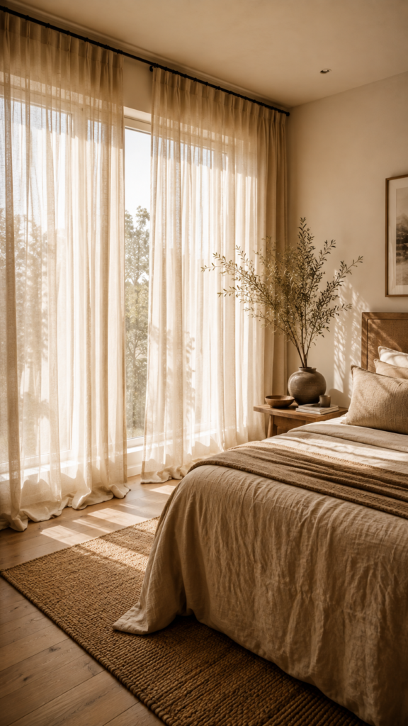 Semi-sheer light beige linen curtains filtering natural sunlight in a warm minimalist room.