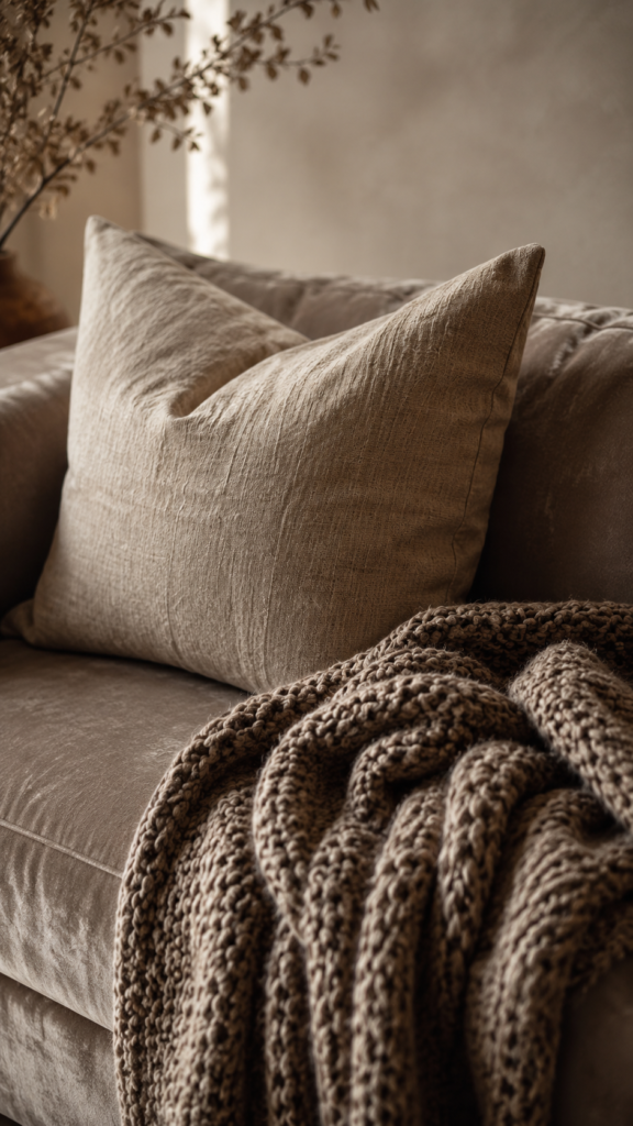 Close-up of layered textures including a coarse linen pillow and a chunky knit wool throw on a velvet sofa.
