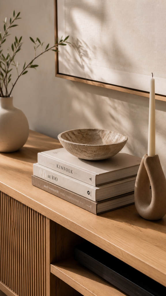 Carefully curated minimalist decor including books and a ceramic bowl on a modern media console.