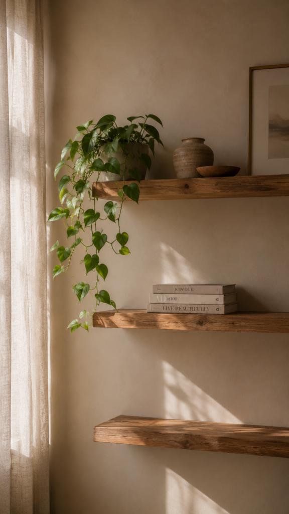 Carefully styled floating wooden shelves featuring neutral books and a trailing pothos plant.