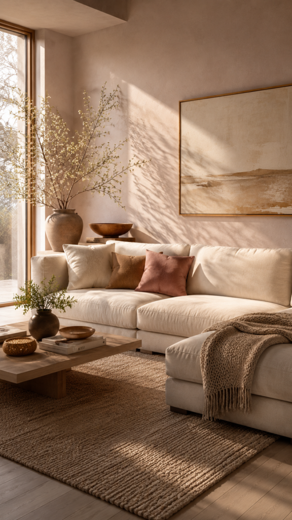 A cozy living room featuring a warm neutral color palette with beige walls and a cream sofa.