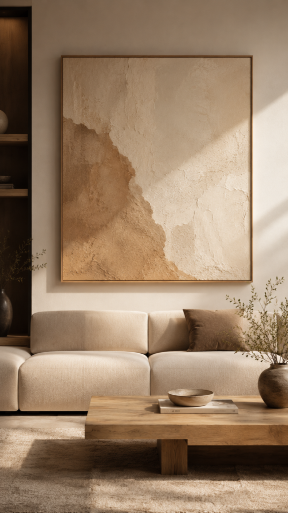A large abstract canvas art piece with soft textures hanging above a modern beige sofa.