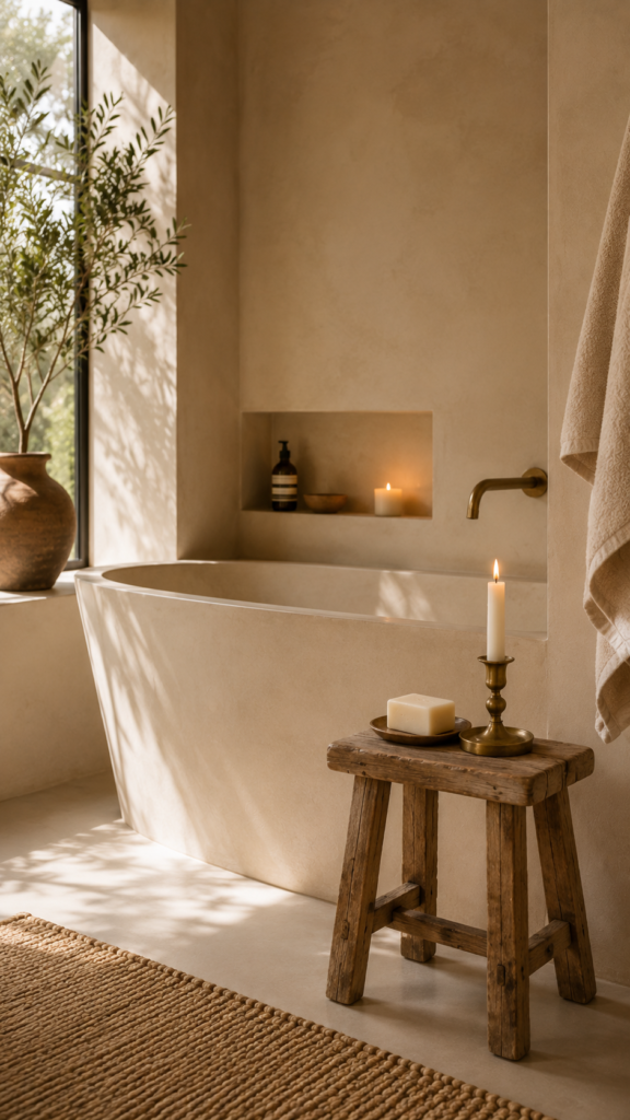 A weathered vintage wooden stool used as a decorative accent in a modern warm minimalist room