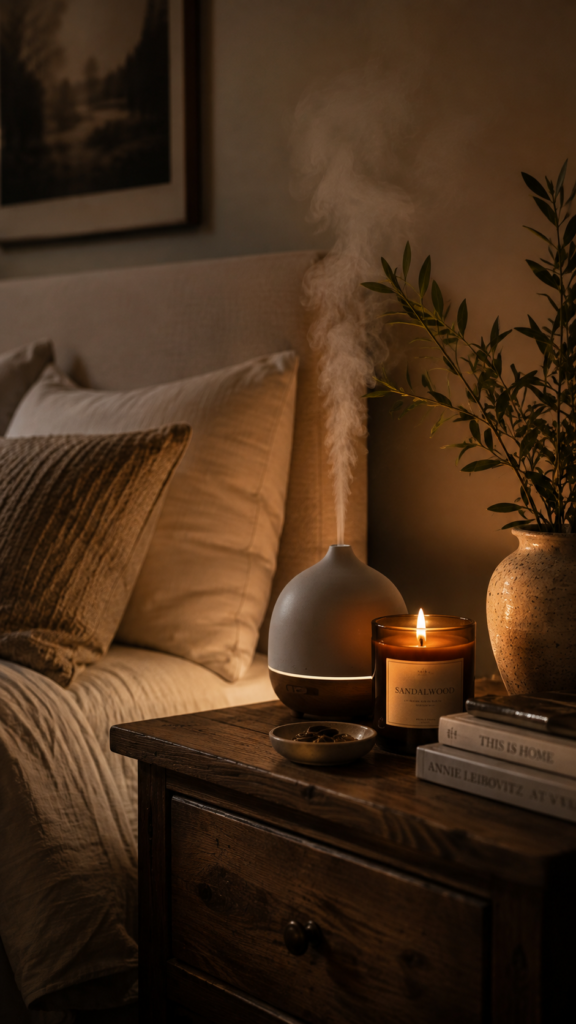 A diffuser for a relaxing bedroom scent.