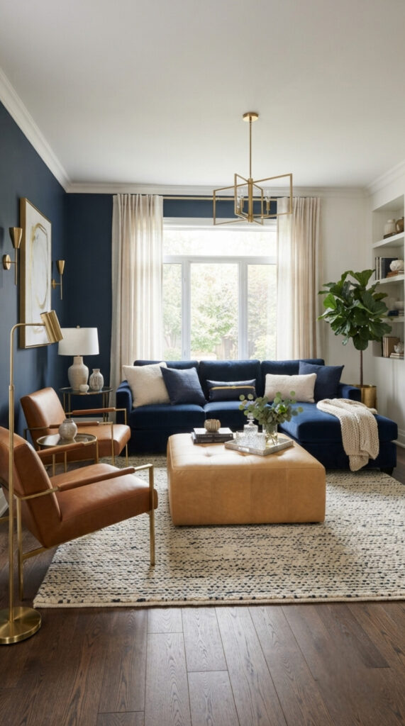 A tailored living room with a moody navy blue accent wall, a large velvet sectional, and camel leather lounge chairs.