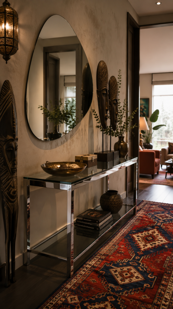 A welcoming eclectic entryway showcasing a modern glass console table, a rich red and blue Moroccan runner rug, and curated travel items like carved wooden masks.