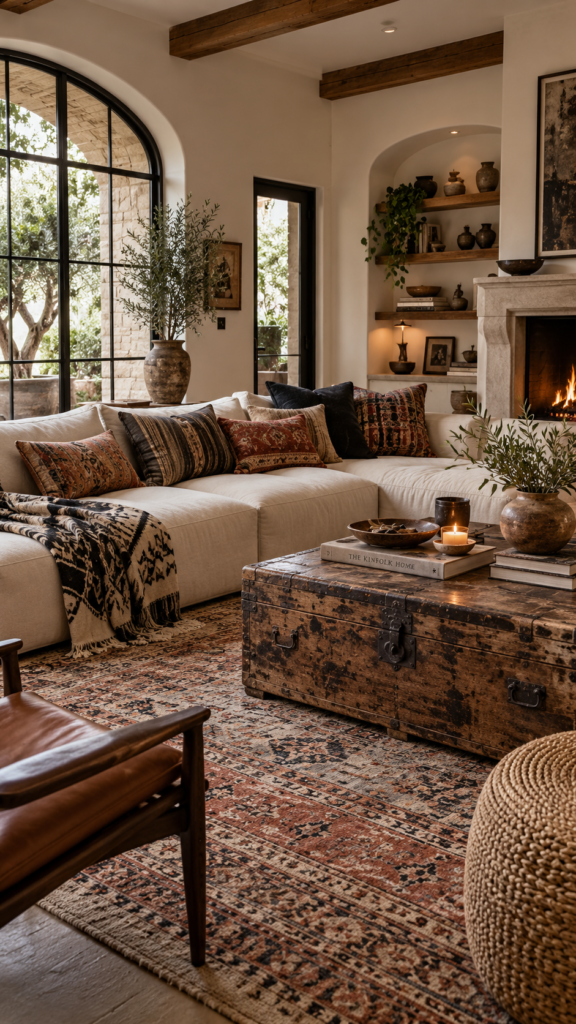A modern modular sofa styled with a vintage wooden trunk coffee table and kilim pillows.