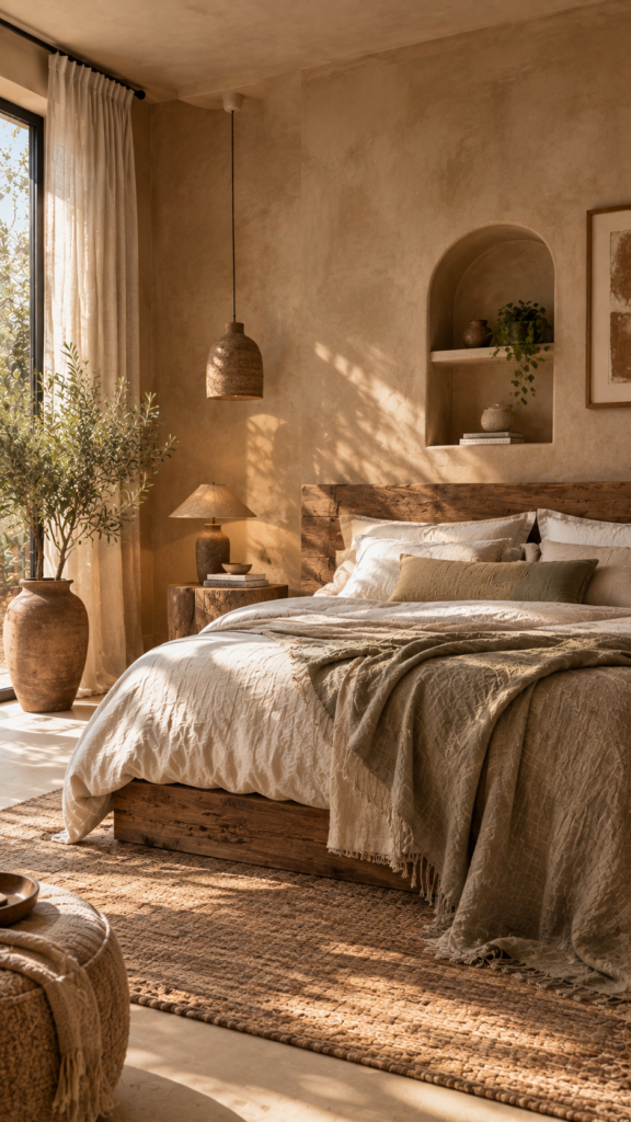 Organic modern bedroom hideaway with textured limewash walls, raw wood furniture, and heavily layered linen sheets.