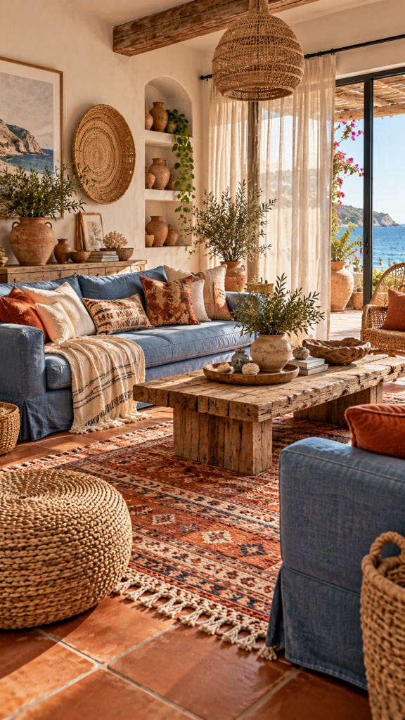 Coastal boho living room with a washed denim blue slipcovered sofa and warm clay terracotta floor tiles.