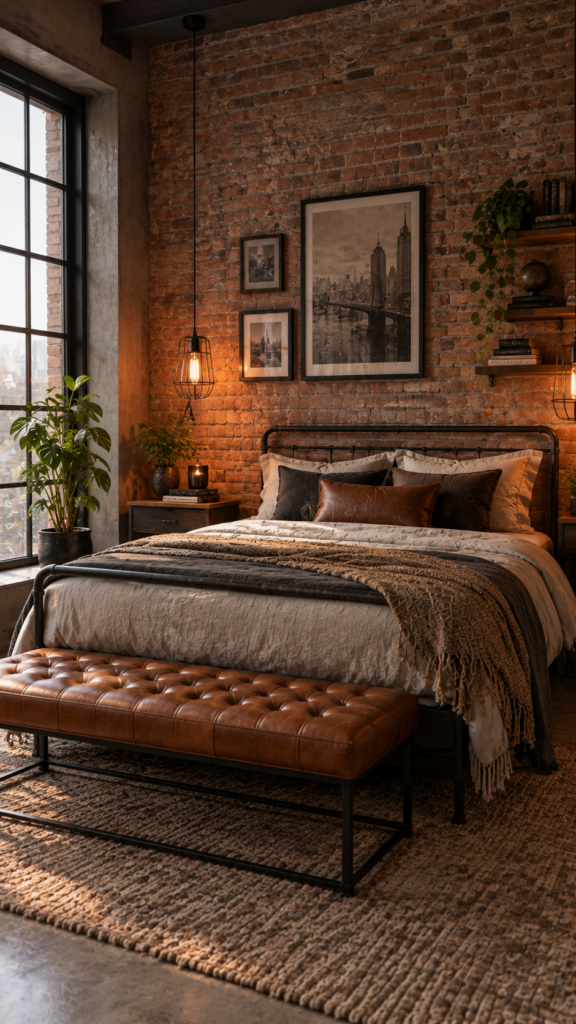 Urban industrial modern bedroom featuring an exposed brick wall, black metal bed frame, and warm Edison bulb lighting.