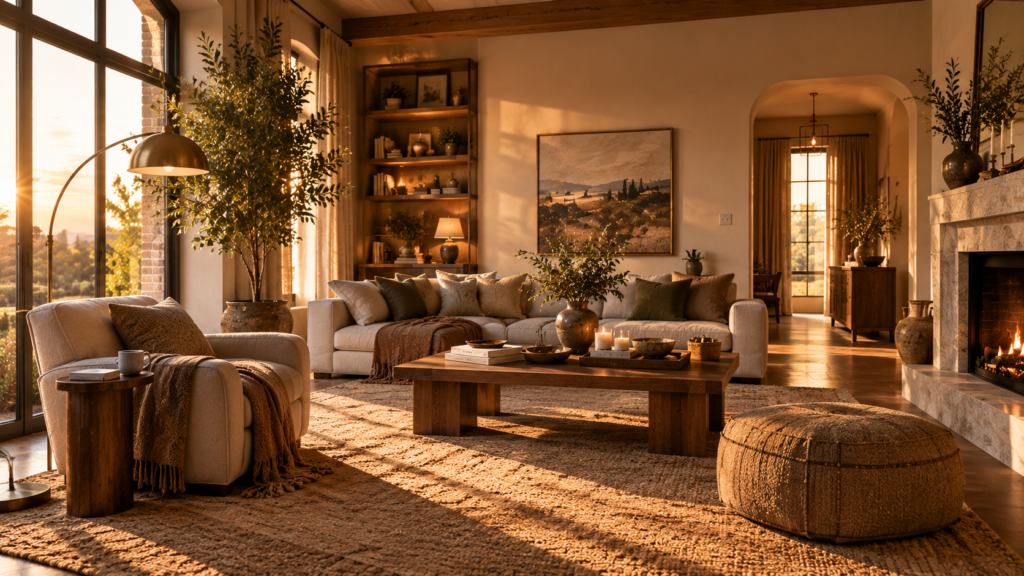 A beautifully curated, serene living space with warm sunlight casting long shadows during golden hour.