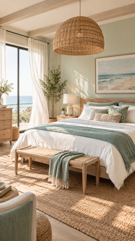 Relaxing coastal modern bedroom decor with seafoam green details, bleached oak furniture, and sheer white curtains.