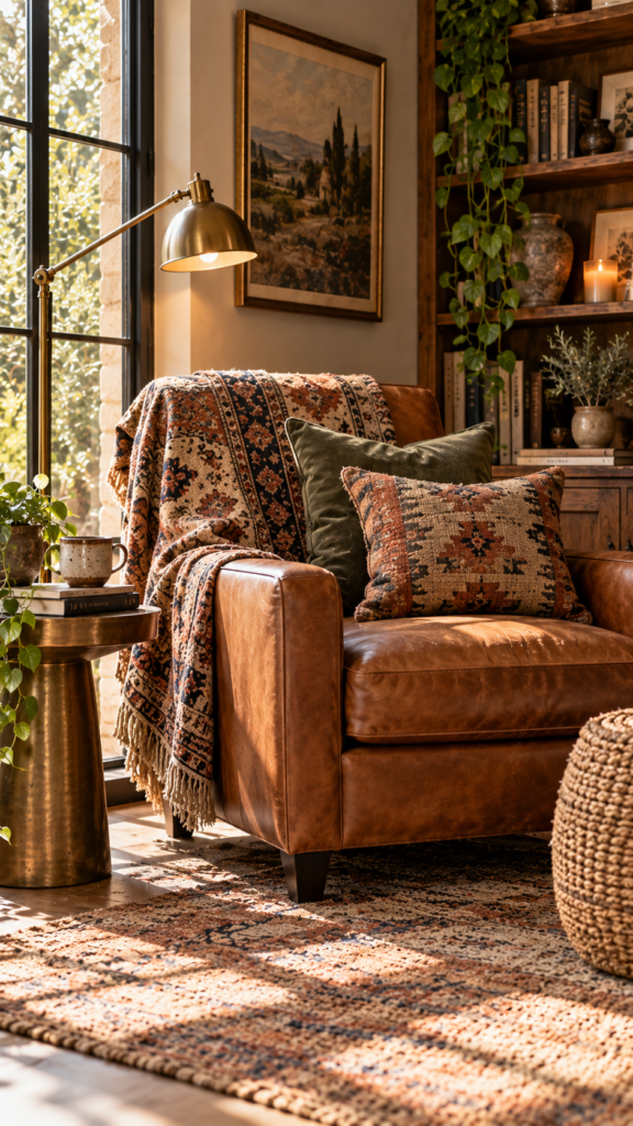 A modern leather armchair softened by a draped vintage tapestry and textured pillows.