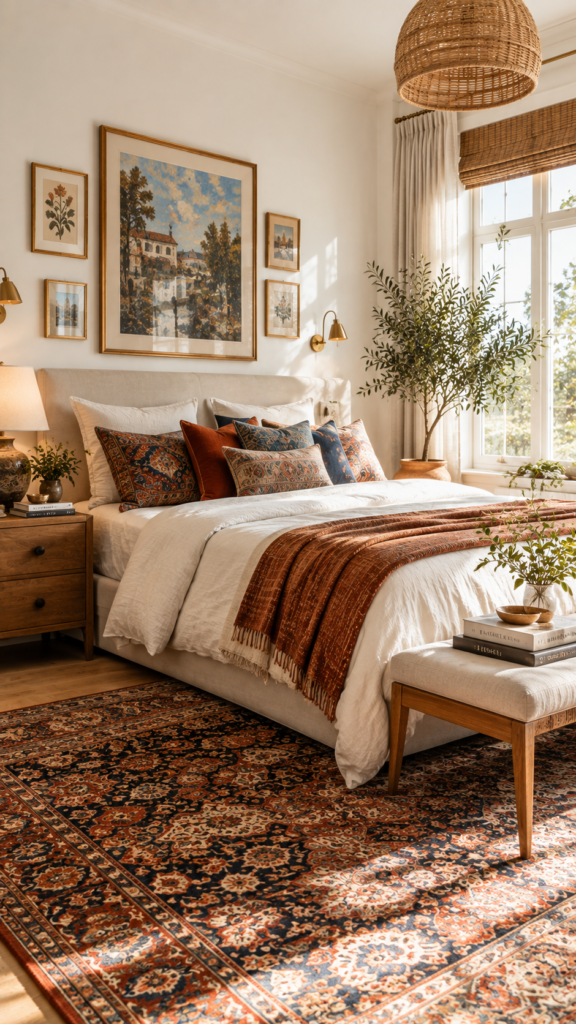 Bright bedroom bathed in natural morning light featuring a colorful Persian rug used as the inspiration for the room's color palette.