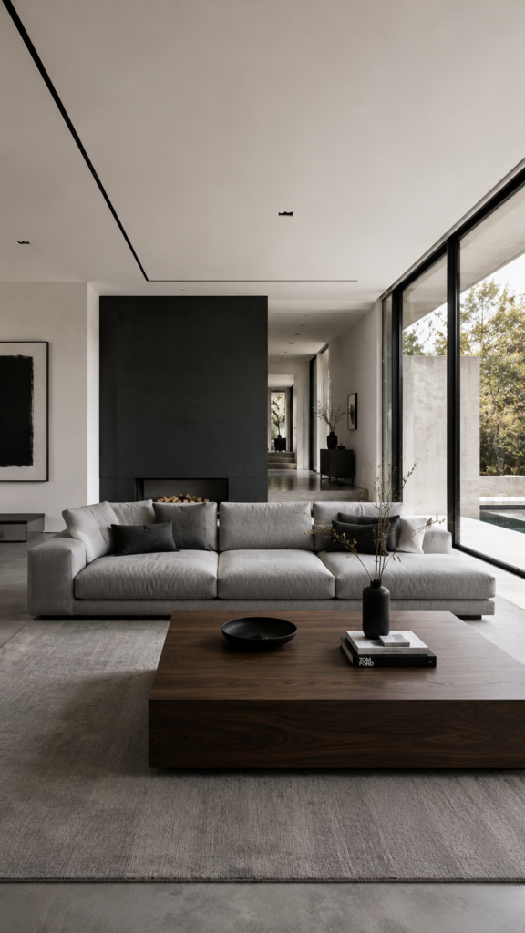 Modern minimalist luxury living room featuring a low-profile grey sofa, walnut coffee table, and matte black accents