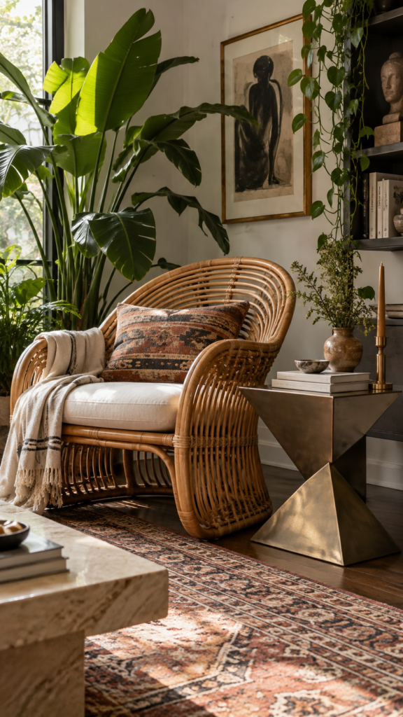 A curvy vintage rattan chair placed next to a sleek, geometric modern side table.