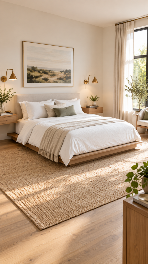 A minimalist small bedroom featuring a sleek low platform bed and floating wall-mounted nightstands for a more open feel.