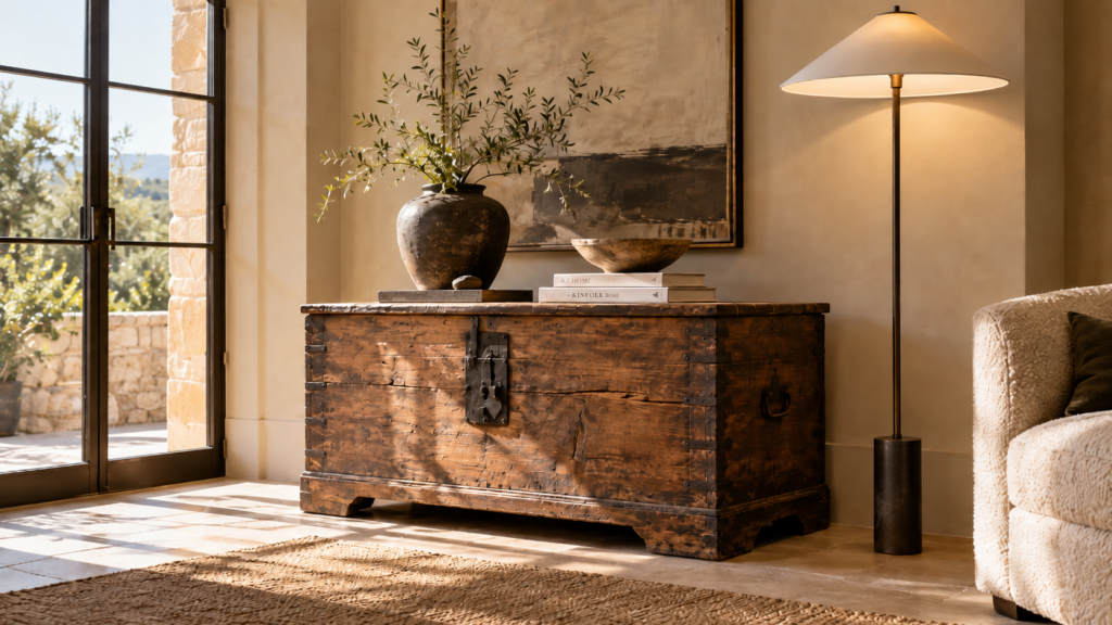 An antique wooden chest paired with a sleek minimalist floor lamp in a curated home corner.