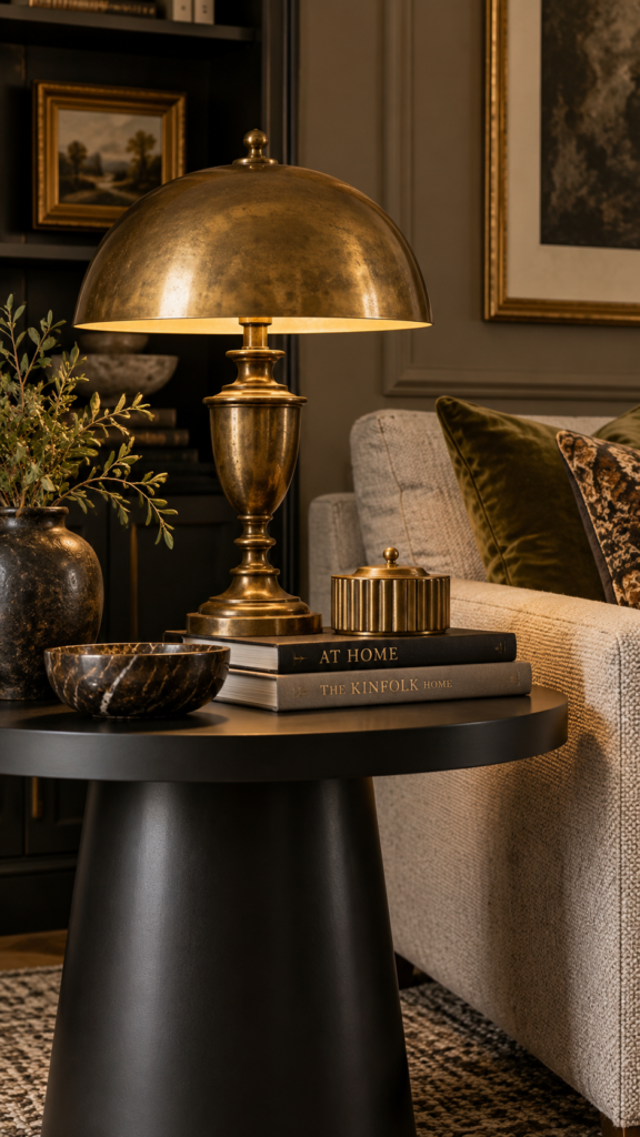 A vintage brass table lamp resting on a sleek modern side table