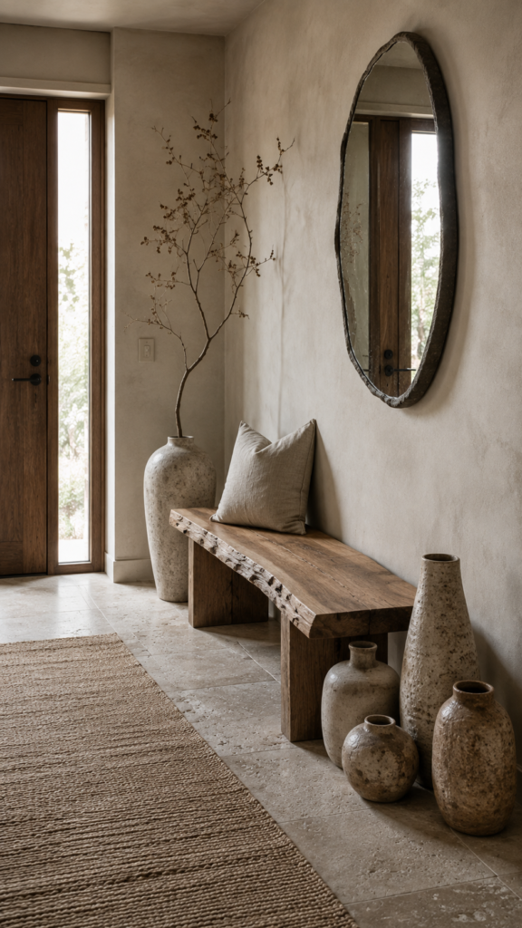 Minimalist wabi-sabi entryway featuring a live-edge wooden bench, handmade asymmetrical ceramics, and neutral tones.