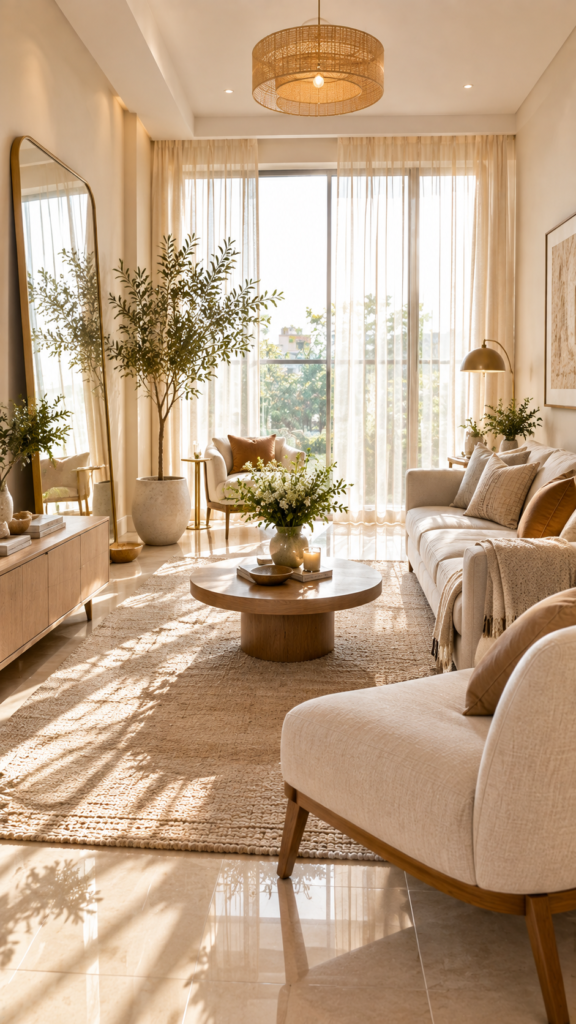 A beautiful, decluttered small living room combining light neutral colors, abundant natural light, and correctly scaled furniture to look incredibly spacious.