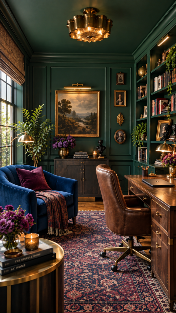 Dramatic moody home office with color-drenched deep emerald green walls, a blue velvet chair, and gold hardware.