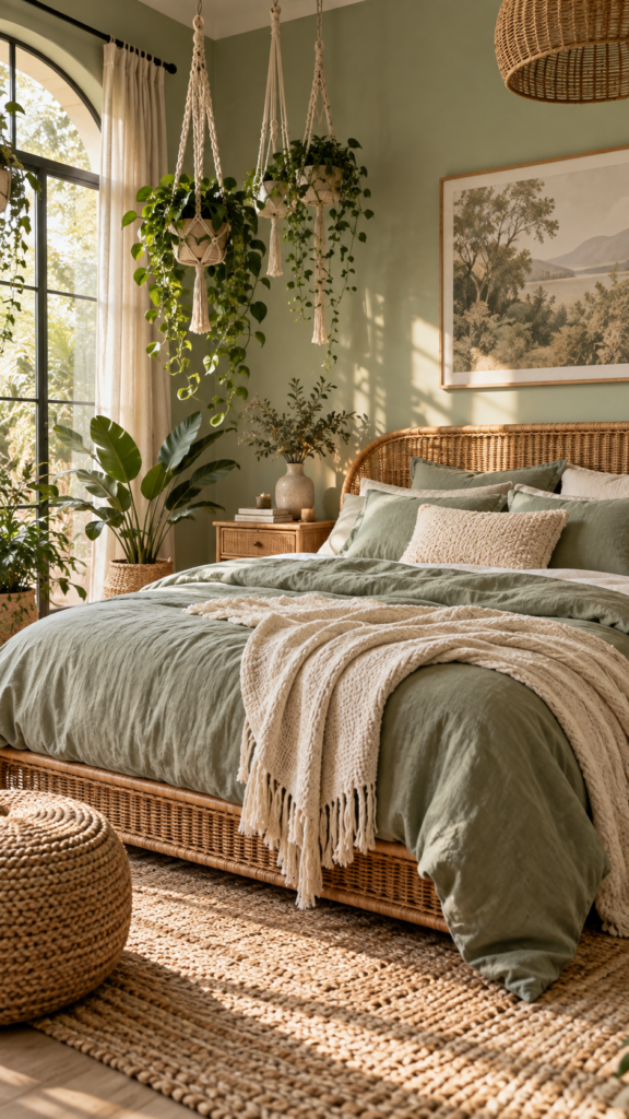 Tranquil boho bedroom with soft sage green walls, ivory bedding, and a natural woven rattan bed frame