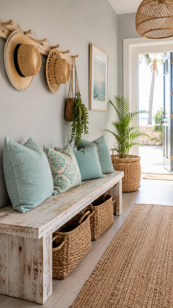 Breezy coastal bohemian hallway with a whitewashed wood bench, woven seagrass baskets, and light blue textiles.