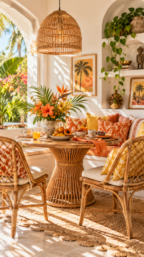 Joyful tropical boho breakfast nook with chalk white walls and bright papaya orange and marigold yellow decor.