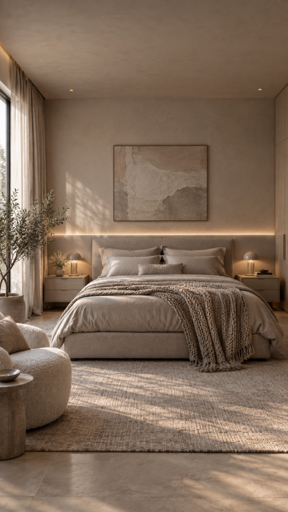 Soft monochromatic modern bedroom using layered tonal gray colors, matching plaster walls, and cozy hidden lighting.