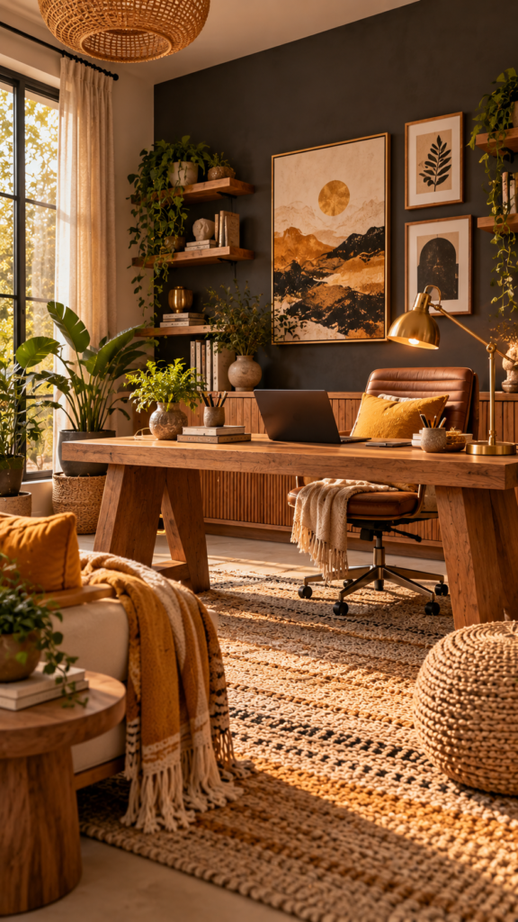Creative bohemian home office with a dusty charcoal grey wall and energetic mustard yellow accent pillows.