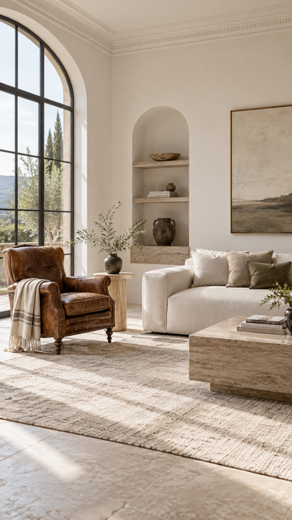 A perfectly balanced living room with a vintage armchair, modern sofa, and plenty of negative space.