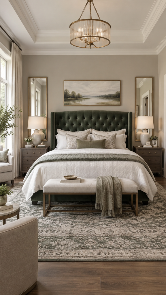 Transitional bedroom with soft greige walls, a deep forest green velvet headboard, and elegant symmetrical ceramic table lamps.