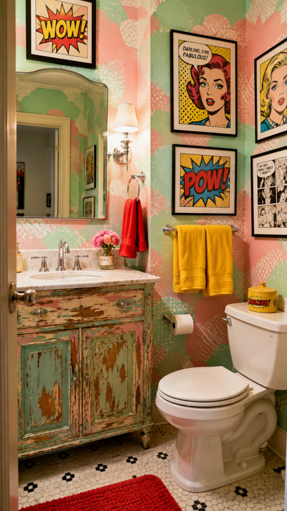 A fun, bold guest bathroom with soft mint green and blush pink walls decorated with vibrant pop-art frames, contrasted beautifully by a distressed vintage wooden vanity
