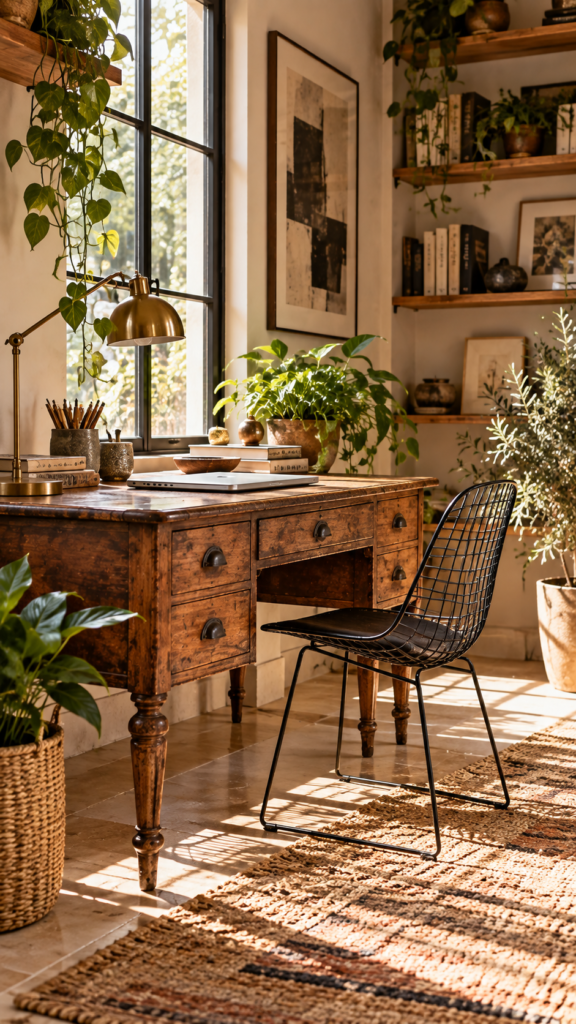 A vintage wooden desk paired with a modern matte black metal chair in a sunny home office.