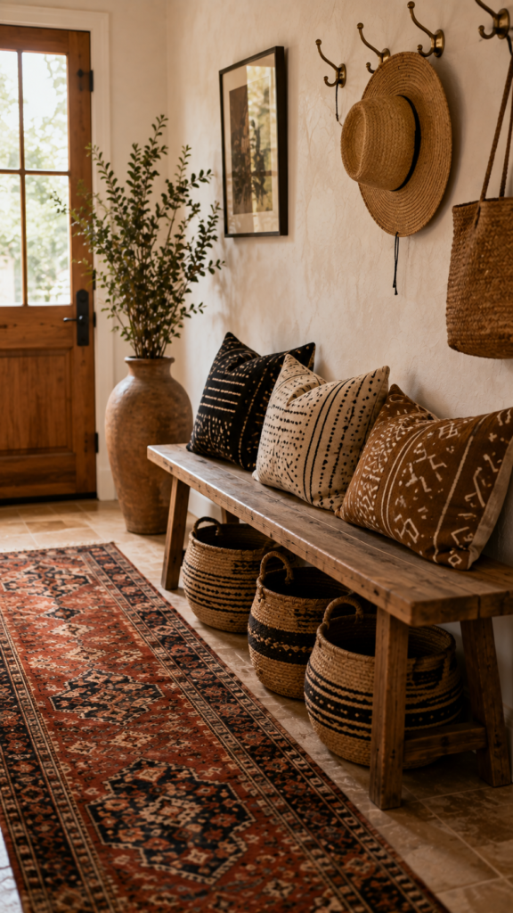 Welcoming bohemian entryway featuring a colorful distressed vintage Persian runner rug, a wooden bench, and woven baskets.