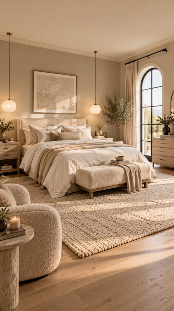 Quiet luxury minimalist bedroom with warm beige walls, creamy white layered bedding, and a textured bouclé accent chair.