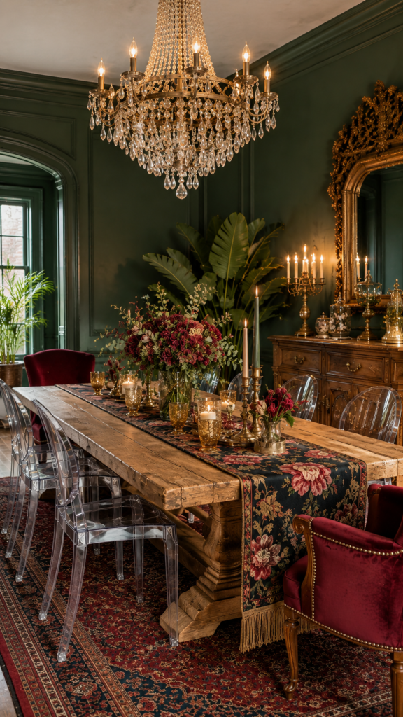 A dramatic maximalist dining room with dark matte emerald green walls, a rustic reclaimed wooden table, completely mismatched chairs, and a glamorous brass chandelier.