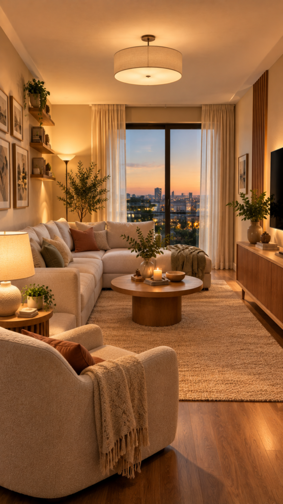 A cozy small living room using layered lighting with a warm floor lamp, table lamp, and overhead fixture to eliminate dark corners.