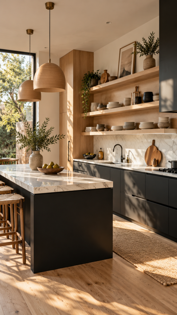 Japandi style kitchen with matte black lower cabinets, natural wood upper shelving, and crisp white marble countertops.