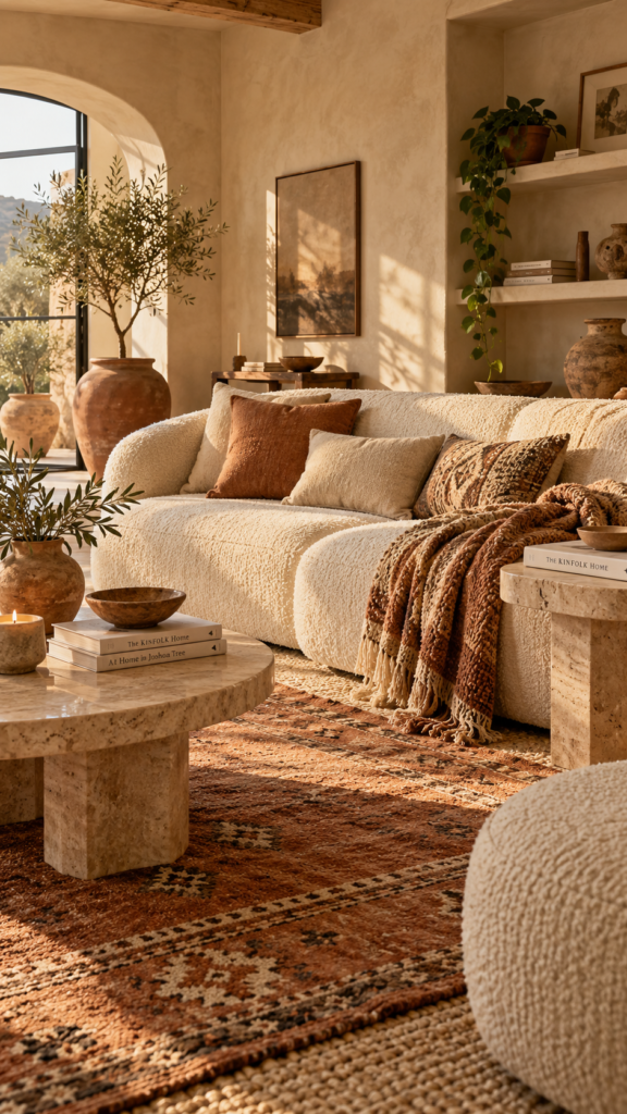  A cozy living room with textured beige walls, a cream boucle sofa, and terracotta clay planters and rugs.