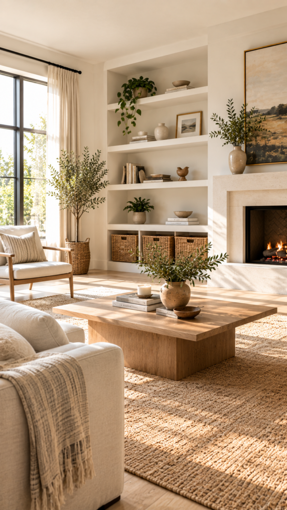 Well-organized living room shelves utilizing negative space and stylish woven storage baskets to reduce visual clutter.