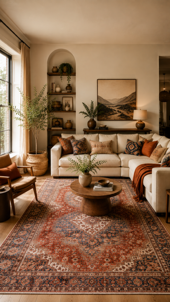  A highly detailed, colorful vintage Persian rug adding warmth to a neutral bohemian living room.