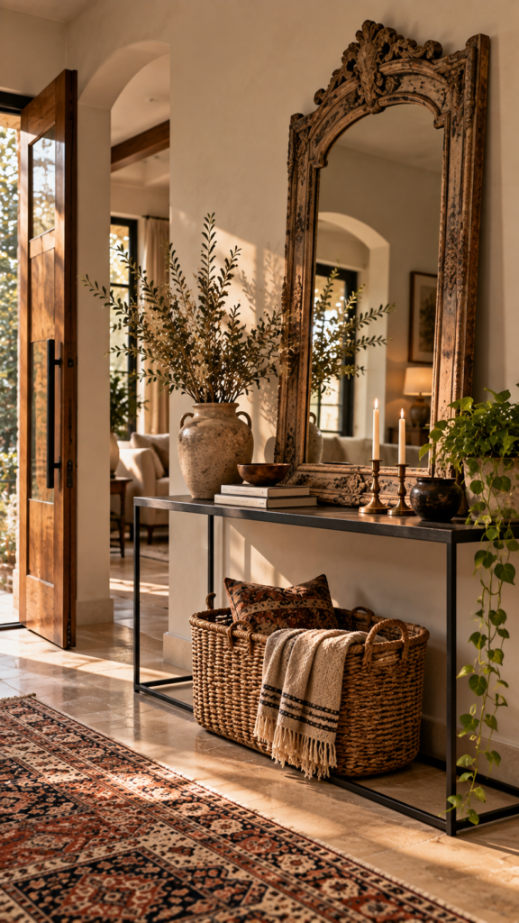 An entryway featuring a modern metal console table paired with a leaning vintage mirror and wicker basket