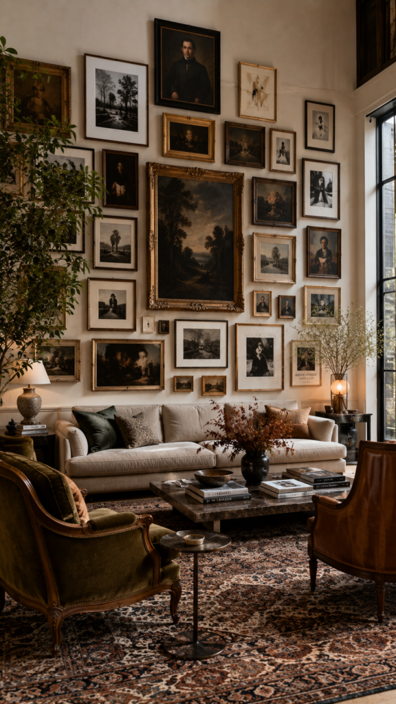 An eclectic living room centered around a massive floor-to-ceiling gallery wall with mismatched antique and modern frames displaying various art styles above a solid-colored sofa.