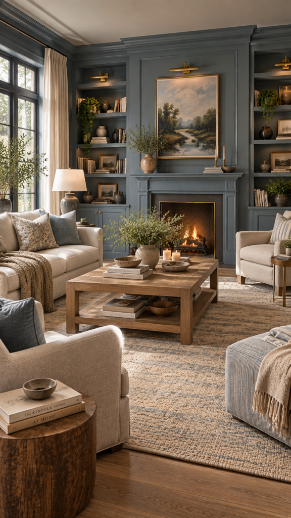 A tranquil living room with dusty blue wainscoting, beige linen chairs, and natural warm oak wood furniture.