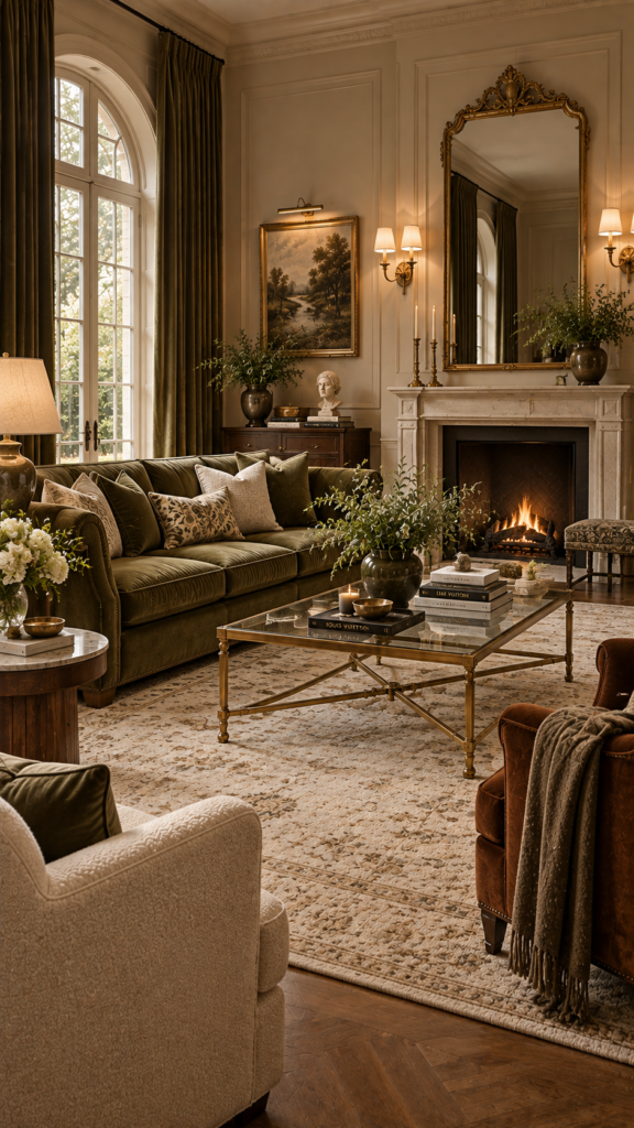 A grand traditional living room featuring cozy beige walls, an olive green velvet sofa, and bright brass lighting fixtures.