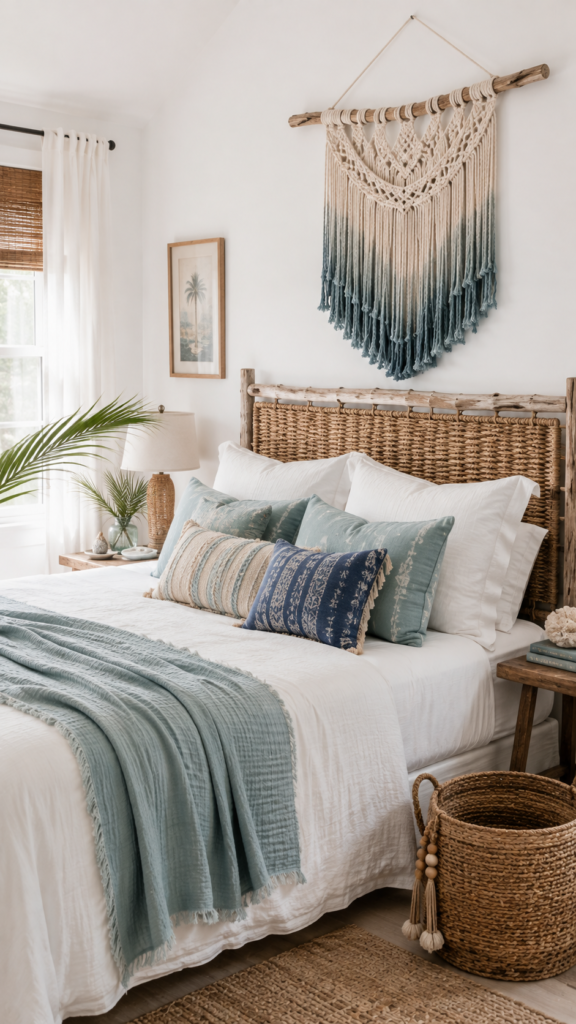 Coastal bohemian bedroom featuring bright white bedding, a woven seagrass headboard, and soft faded blue accents.