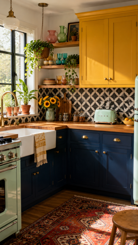 A vibrant retro-style kitchen featuring navy blue lower cabinets, mustard yellow upper cabinets, bold geometric tiles, and colorful vintage glass accessories.