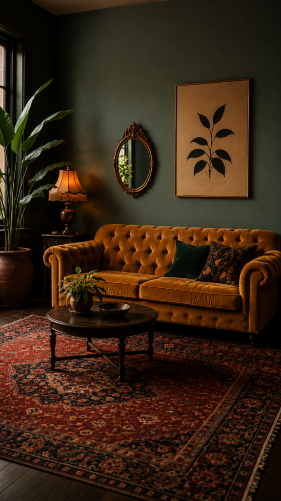 Maximalist bohemian living room with dark emerald green walls, a vibrant vintage gallery wall, and a mustard yellow velvet sofa.